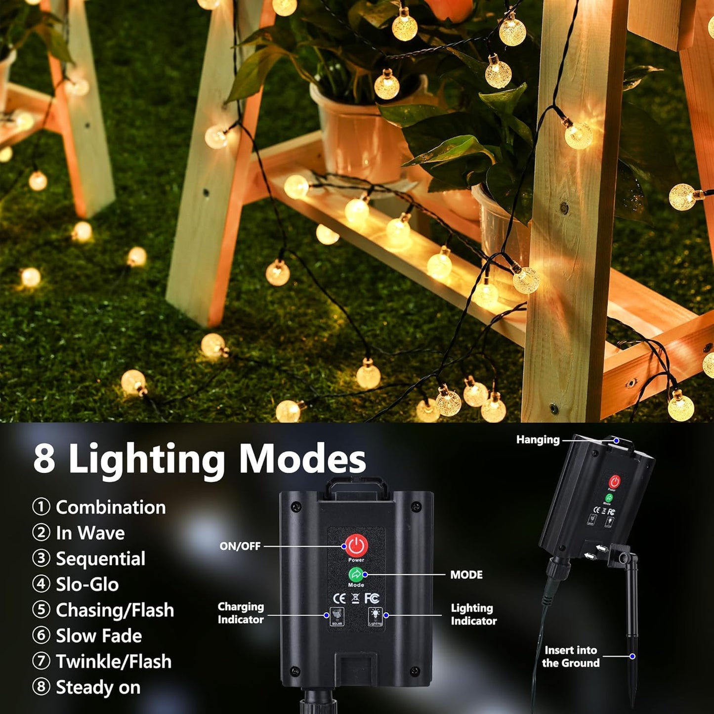 Joomer Solar String Lights Outdoor, 65FT 100LED Globe String Lights 8 Lighting Modes, Waterproof Solar Powered Patio Light for Garden Yard Porch Wedding Party Outdoor Decor (Warm White)