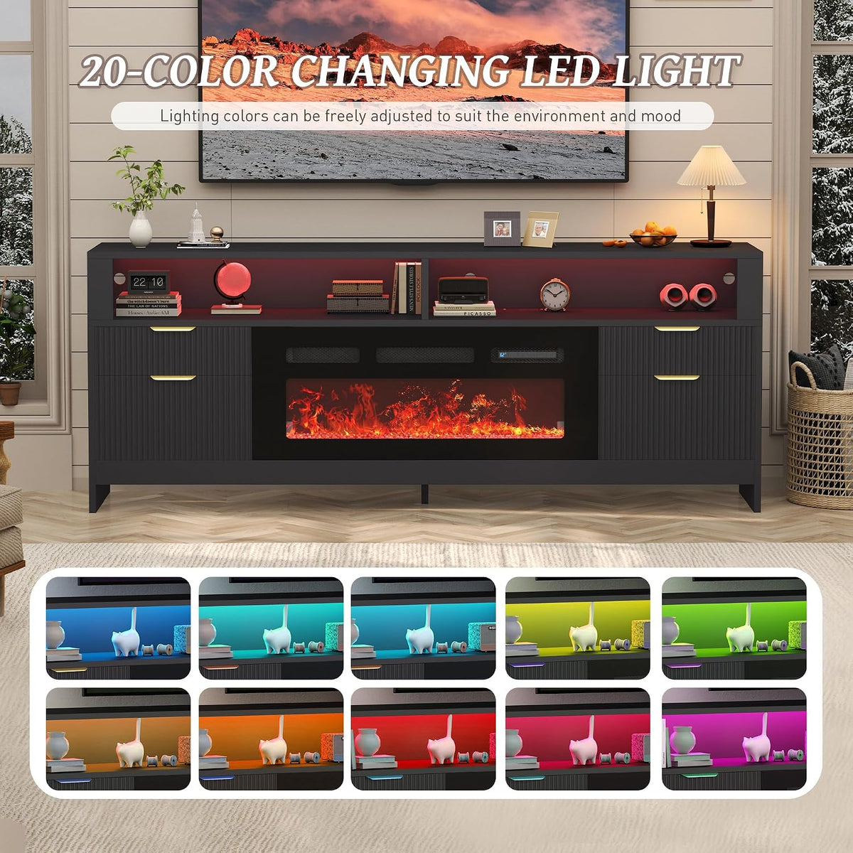 Fireplace TV Stand with 36" Fireplace Up to 80" TVs, 70" Entertainment Center with LED Lights, Storage Cabinets, Modern TV Console for Living Room,Bedroom (Black)