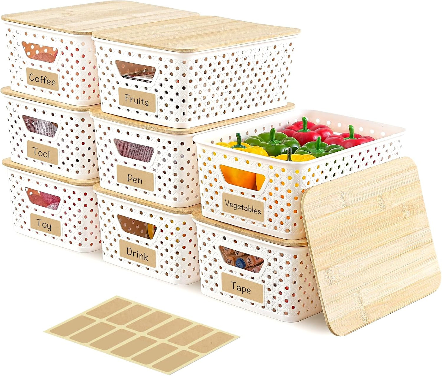 8 Pack Plastic Storage Bins with Bamboo Lids - Stackable Storage Baskets with Handle for Pantry Organizer and Storage, Plastic Containers Bins Lidded Storage Bins for Classroom Office Shelves