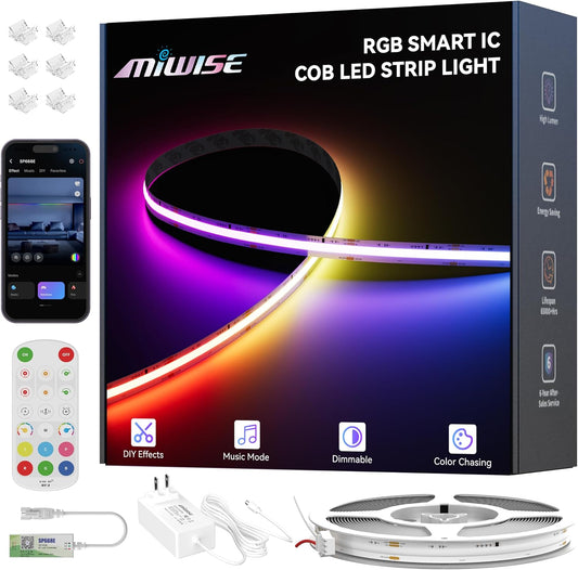 MIWISE COB LED Strip Light,RGB Smart IC COB LED Strip Lights Music Sync Bluetooth with APP Control,Addressable Color Chasing DIY 16M Colors,LED Tape Lighting for Bedroom Home Party Decor,9.84ft