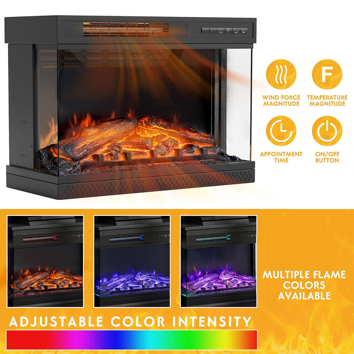 JUMMICO Fireplace TV Stand up to 65", 3-Sided Glass, Black | Entertainment Center with Cabinet Storage, Adjustable Flame and LED Colors, Media Console for Living Room