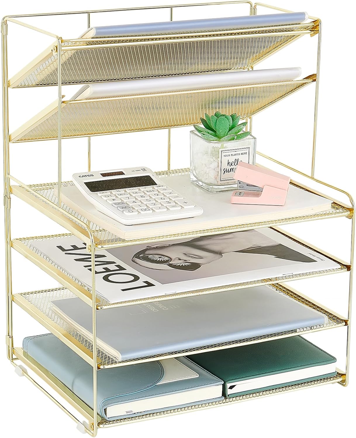 OPNICE Desk Organizer, 5-Tier Paper Organizer Letter Tray with Magazine Holder, Office Desk Accessories & Workspace Organizers, Desktop File Organizer for Office Supplies Storage, Rose Gold