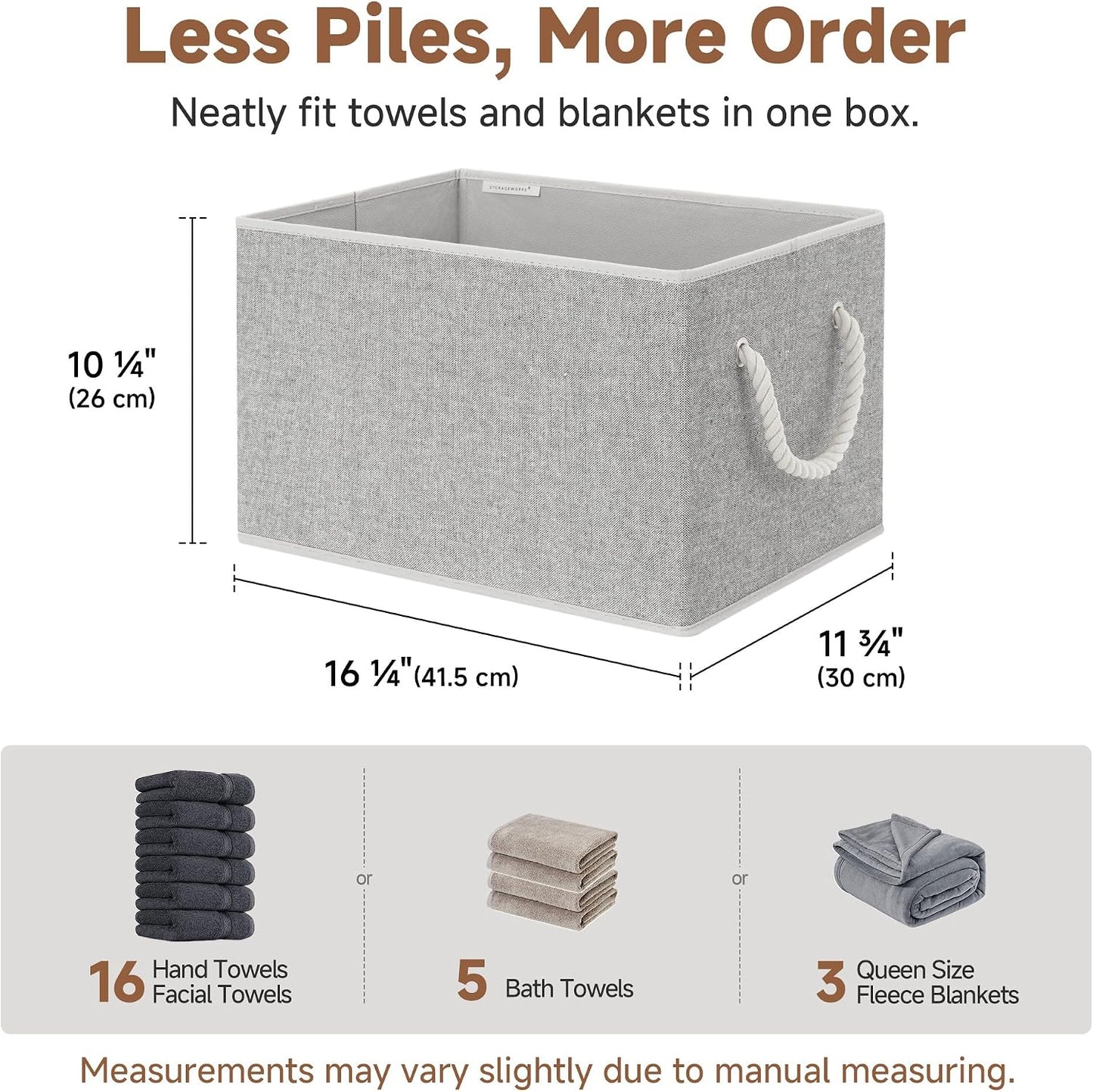 StorageWorks Storage Bins with Rope Handles, Gray, Extra Large, 3-Pack | Fabric Storage Bins for Shelves, Storage Baskets for Closet Organization, Organizer Bins for Clothes Storage