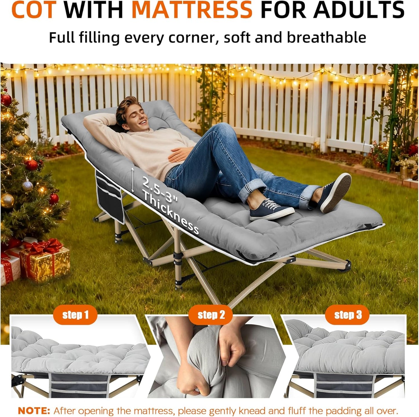 Fragess Portable Camping Cot, 600LBS Max Load, Extra Wide with Thick Mattress, Folding Cot for Outdoor Camping/Office, Home Nap (Grey)