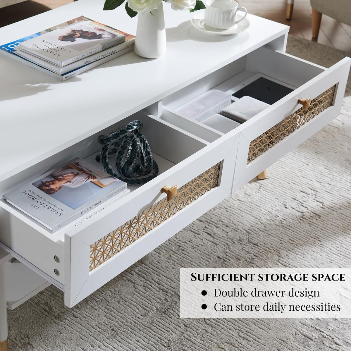JYED DECOR White Coffee Table with Storage Drawers & Open Shelf, Mid Century & Boho Living Room Table with Gold Metal Designed for Home