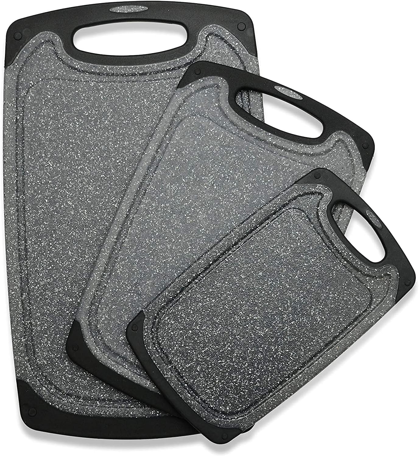 Viretang Plastic Cutting Boards Set of 3 for Kitchen, Thick Chopping Board with Deep Juice Grooves, Non‑Slip Feet, Easy Grip Handle, BPA Free, Dishwasher Safe,Black