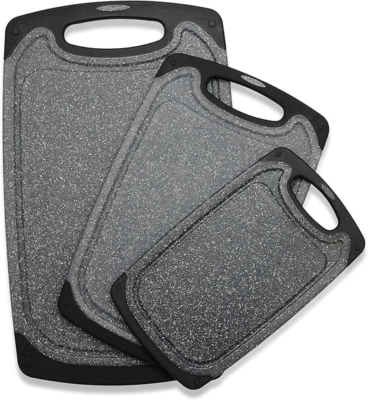Viretang Plastic Cutting Boards Set of 3 for Kitchen, Thick Chopping Board with Deep Juice Grooves, Non‑Slip Feet, Easy Grip Handle, BPA Free, Dishwasher Safe,Black