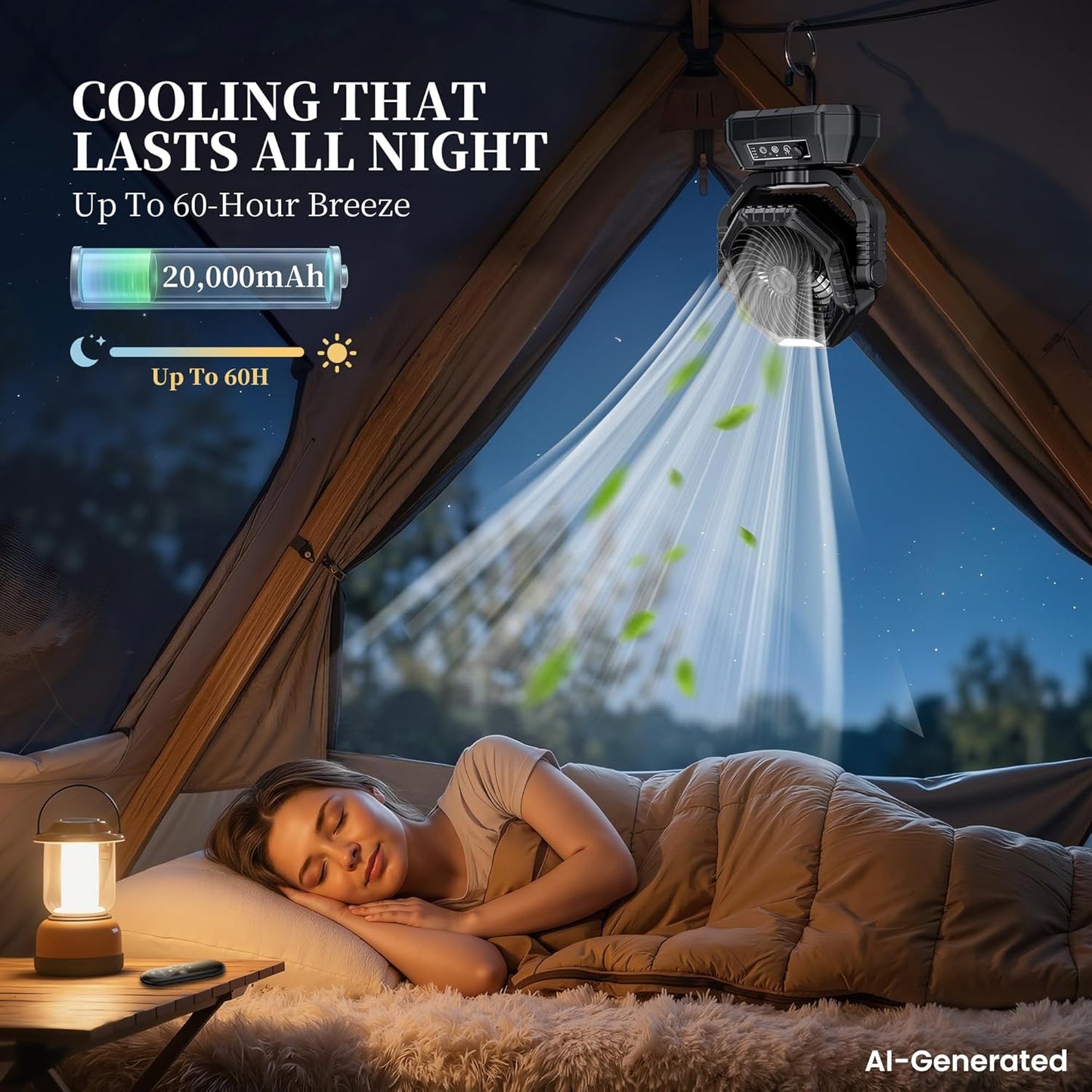 AJVV Camping Fan, Oscillating Battery Powered Portable Rechargeable Hanging Tent Fan with Light and Remote for Camp, Outdoor, Emergency Power Outage, Fishing, RV Travel, Black
