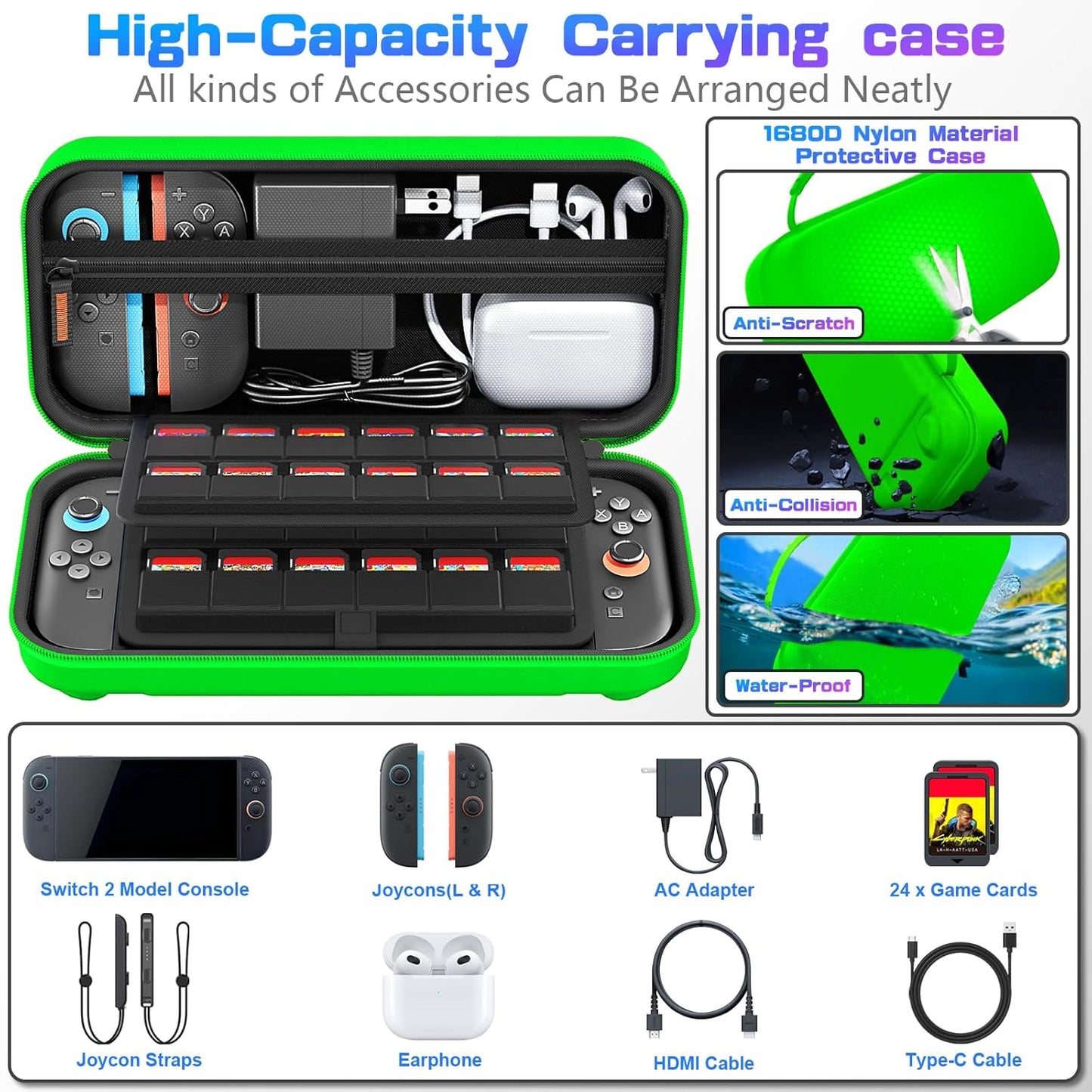daydayup Switch Carrying Case Compatible with Nintendo Switch 2, with 24 Games Cartridges Protective Hard Shell Travel Carrying Pouch DS Case Green