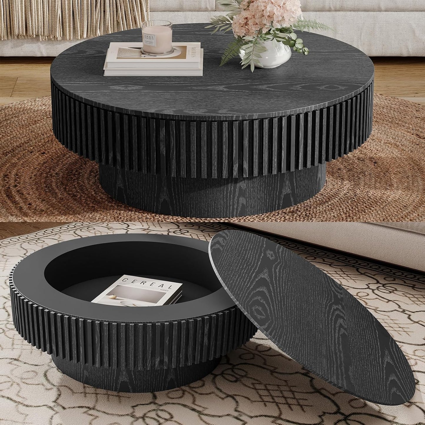 31.5" Round Coffee Table with Hidden Storage Compartment, Modern Handcraft Fluted Drum Coffee Table, Wooden Circle Center Table Cocktail Tea Table with Sturdy Pedestal for Living Room, Black