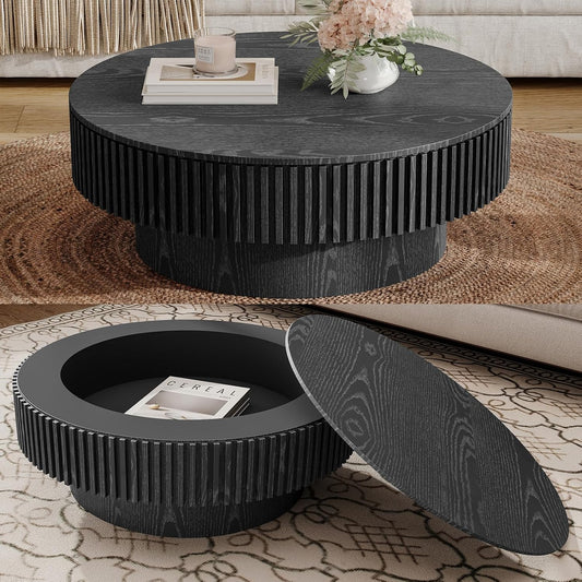 31.5" Round Coffee Table with Hidden Storage Compartment, Modern Handcraft Fluted Drum Coffee Table, Wooden Circle Center Table Cocktail Tea Table with Sturdy Pedestal for Living Room, Black