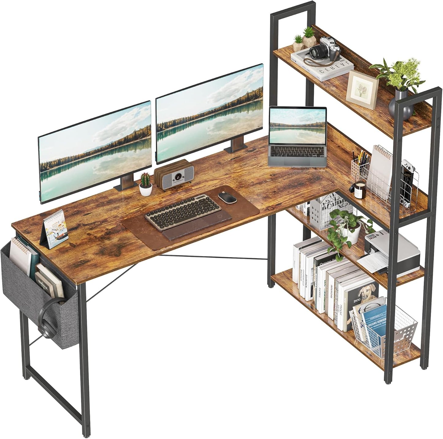 Treesland 47 Inch Computer Desk with Bookshelf, Corner Desk with Storage, L Shaped Desk, Home Office Desks, Writing Study Desk for Bedroom, Black