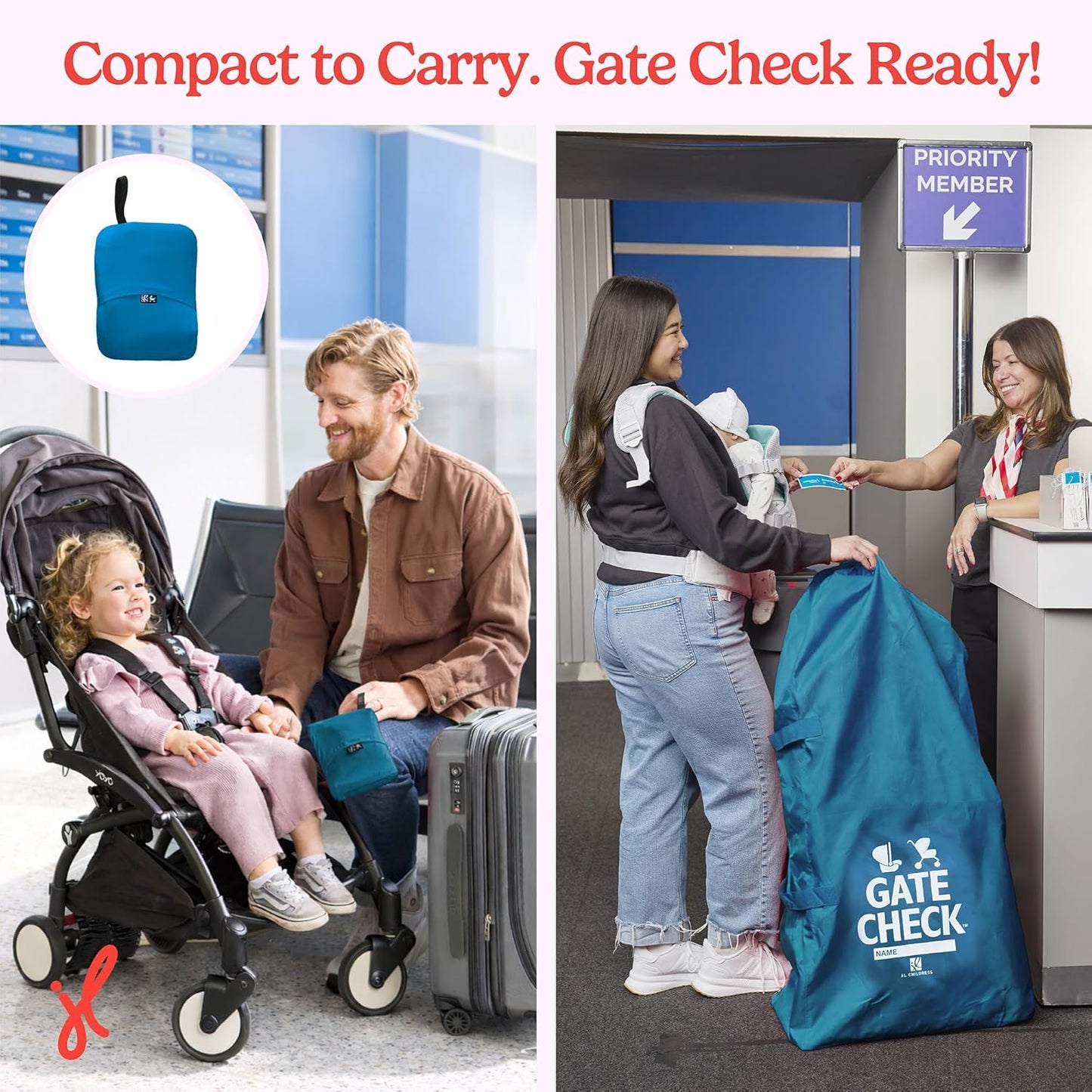 J.L. Childress Gate Check Bag for Single & Some Double Strollers - Travel Bag for Airplane, Fits Most Standard Baby Strollers, Airport Accessories Gate Check, Flying Essentials - Deluxe, Blue