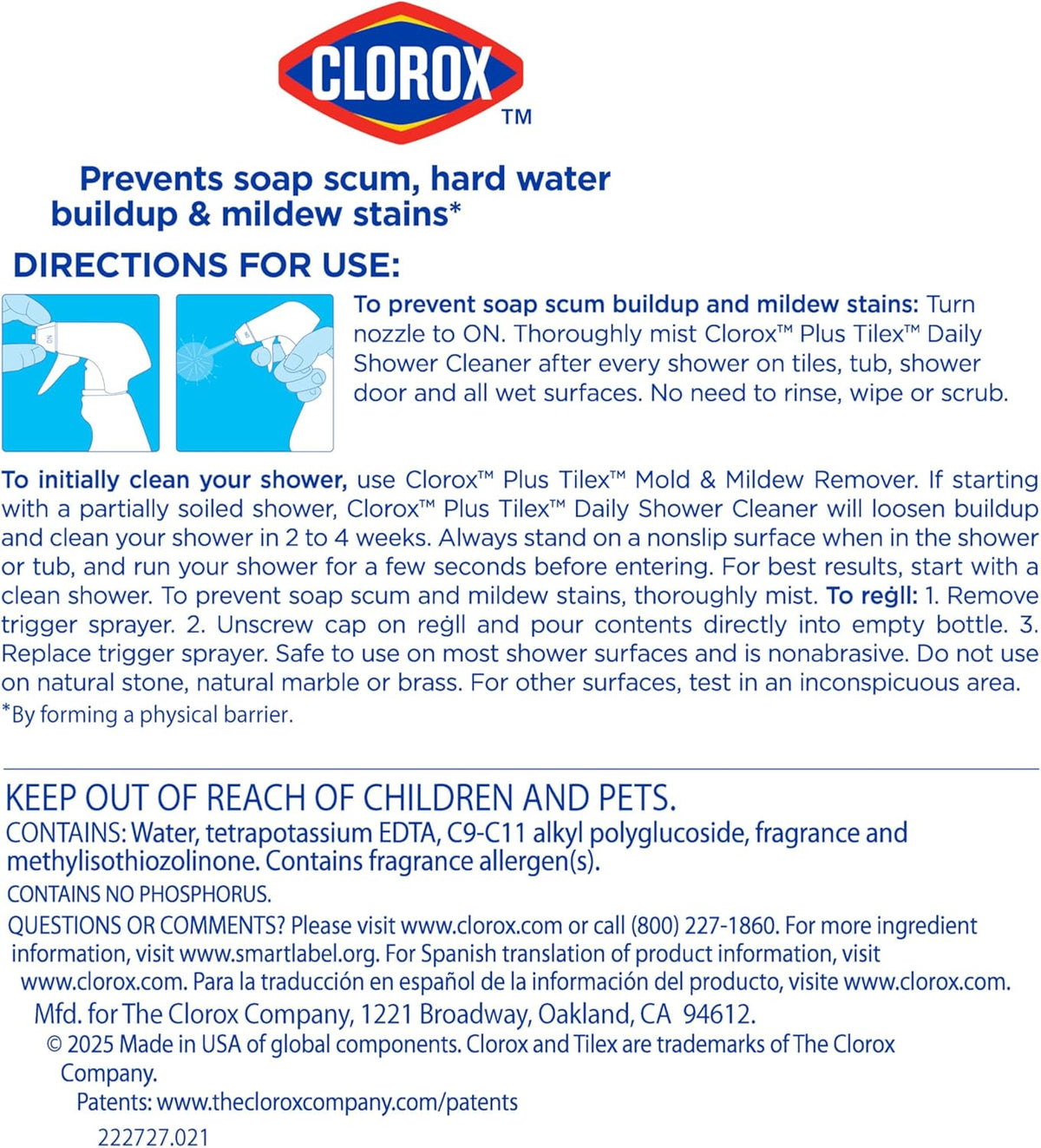 Clorox Plus Tilex Daily Shower Cleaner, 32 Fluid Ounce Spray Bottle, Pack of 3