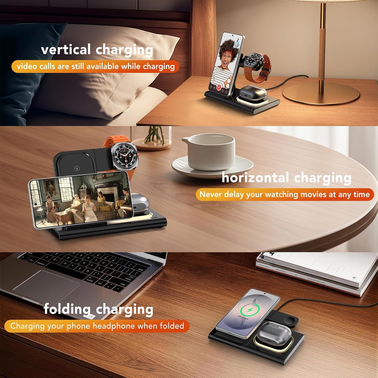 Wireless Charger for Samsung Charger (Foldable & Nightlight),3 in 1 Charging Station for Samsung S26 Ultra/S25/S24/S23/S22/Note20 Z Fold Flip7, Travel Charger for Galaxy Watch 8/7/6/5/4/3/Galaxy Buds4