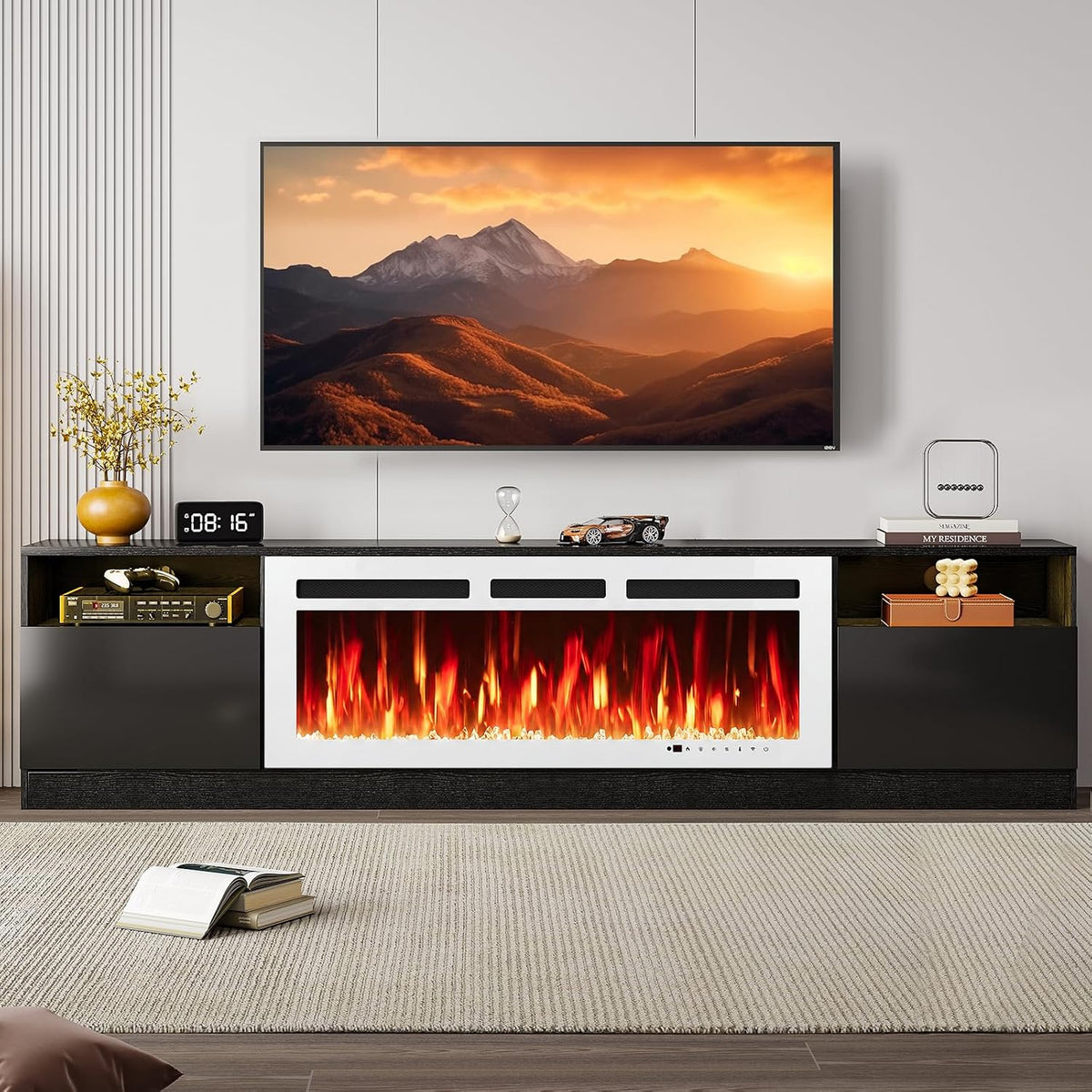 80” TV Stand with 36” Electric Fireplace, Large Modern Media Entertainment Center with Storage Cabinet and 12 Colors LED Lights for TVs Up to 90",White and Black