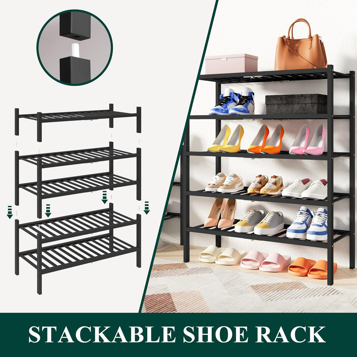 Smiry Bamboo Shoe Rack, 14 Vertical Slats, 5 Tier - 26.8" Wide, Black