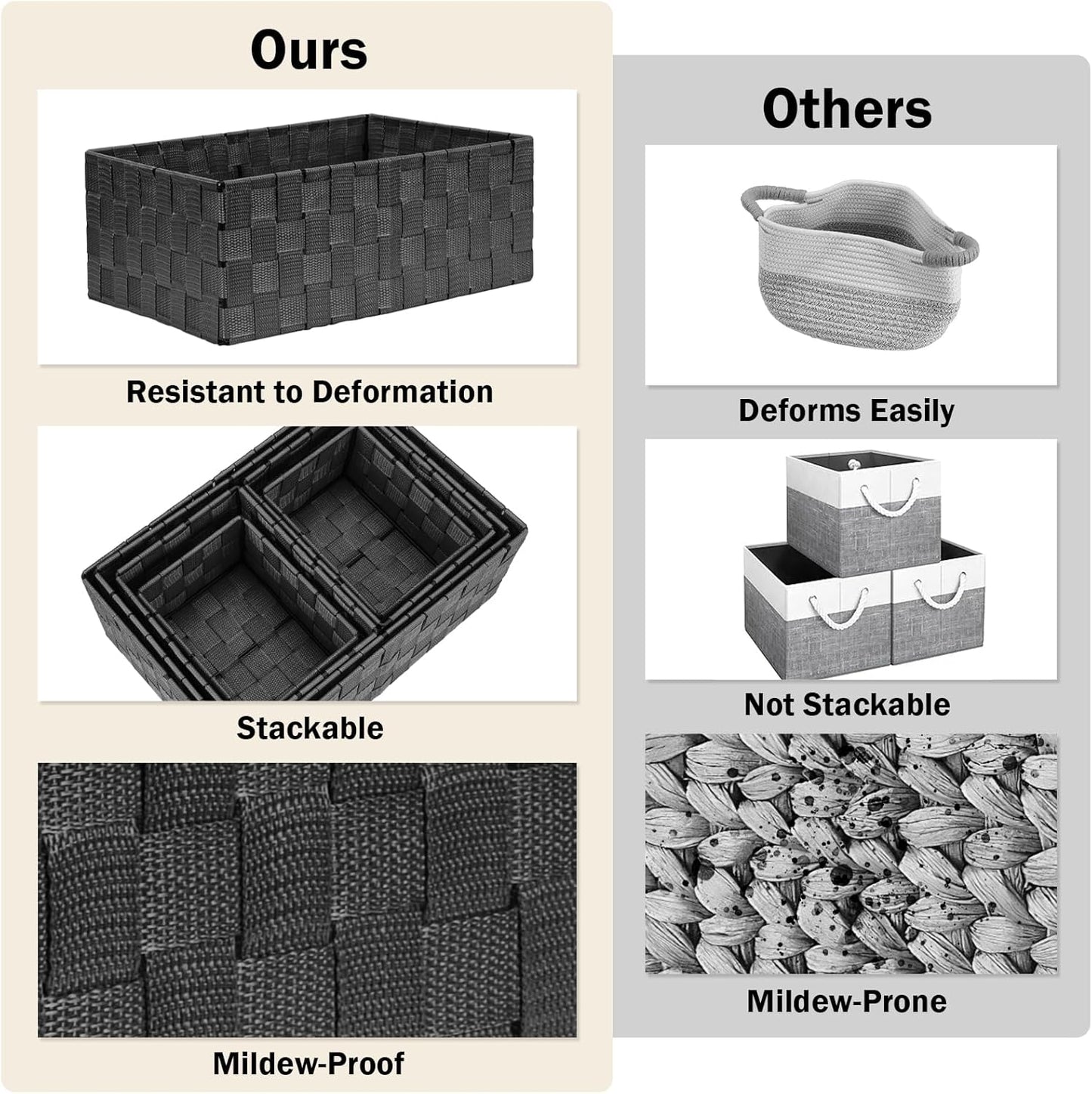 Storage Baskets: 6 Pack Stackable Woven Storage Bins, Black