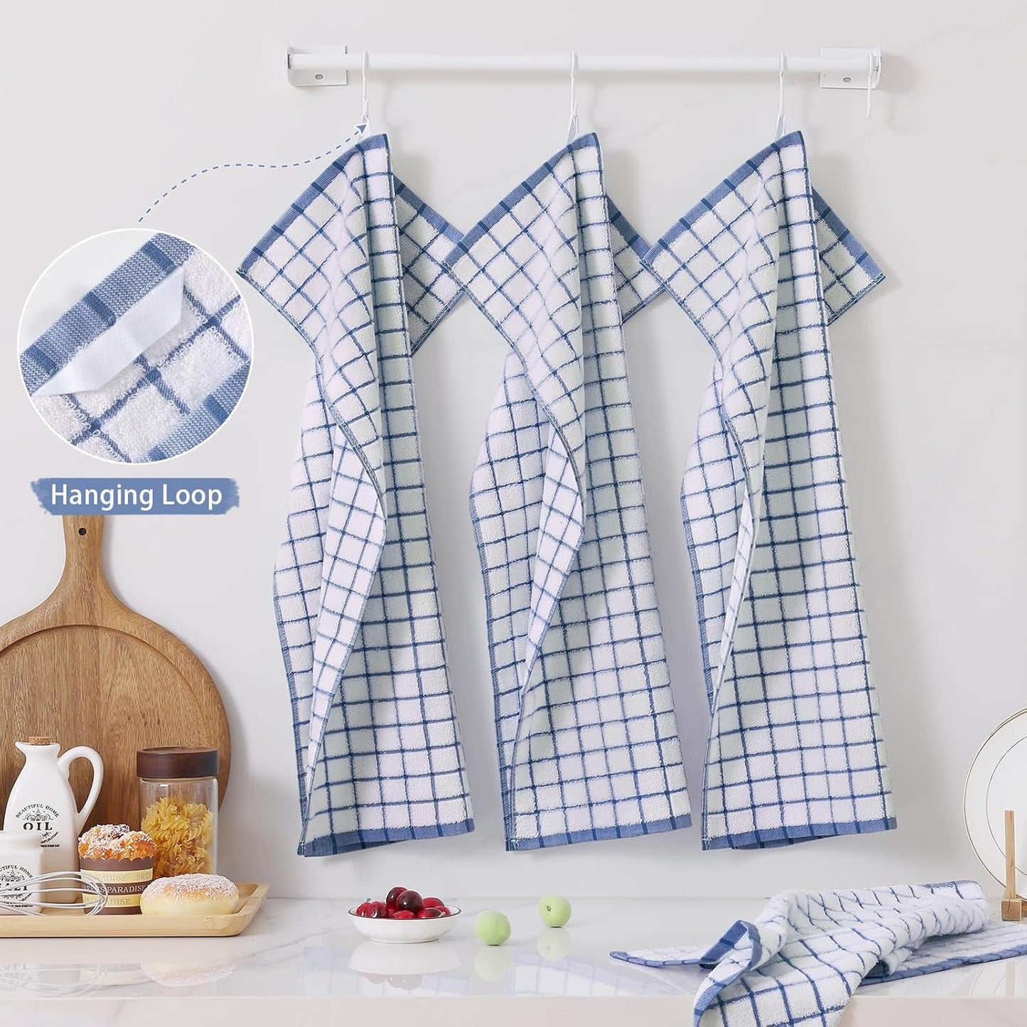 Homaxy Premium Kitchen Towels(16”x 28”, 6 Pack), Large Ring Spun Cotton Dish Towels, Super Absorbent Soft Terry Kitchen Hand Towels, Check Design Tea Towel Set with Hanging Loop, Navy Blue