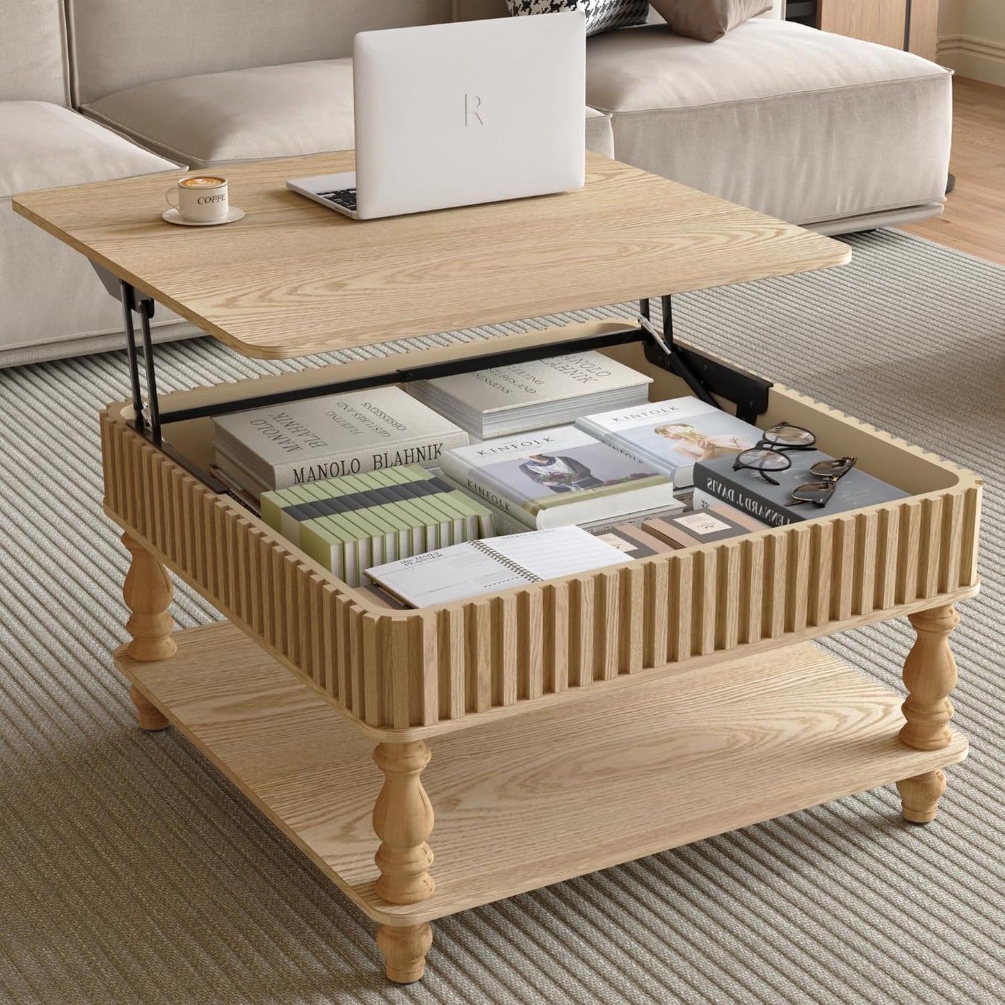 31.5 Inch Square Lift Top Coffee Table with Hidden Storage, 2 Tier Wooden Square Fluted Coffee Table with Open Shelf & Sculpted Leg, Retro Center Table for Living Room, Apartment, Home Office, Natural