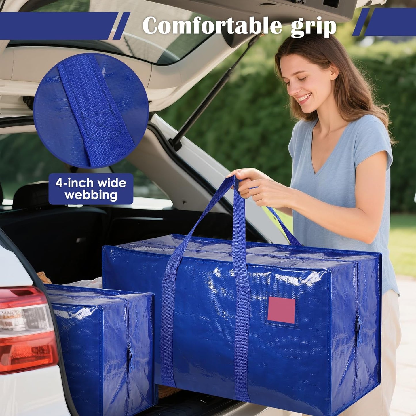 6 Pack Moving Bags with Full-Open Side Zipper, Extra Large 93L Heavy Duty Waterproof Foldable Storage Totes for College Dorm, Moving & Home Organization,Blue
