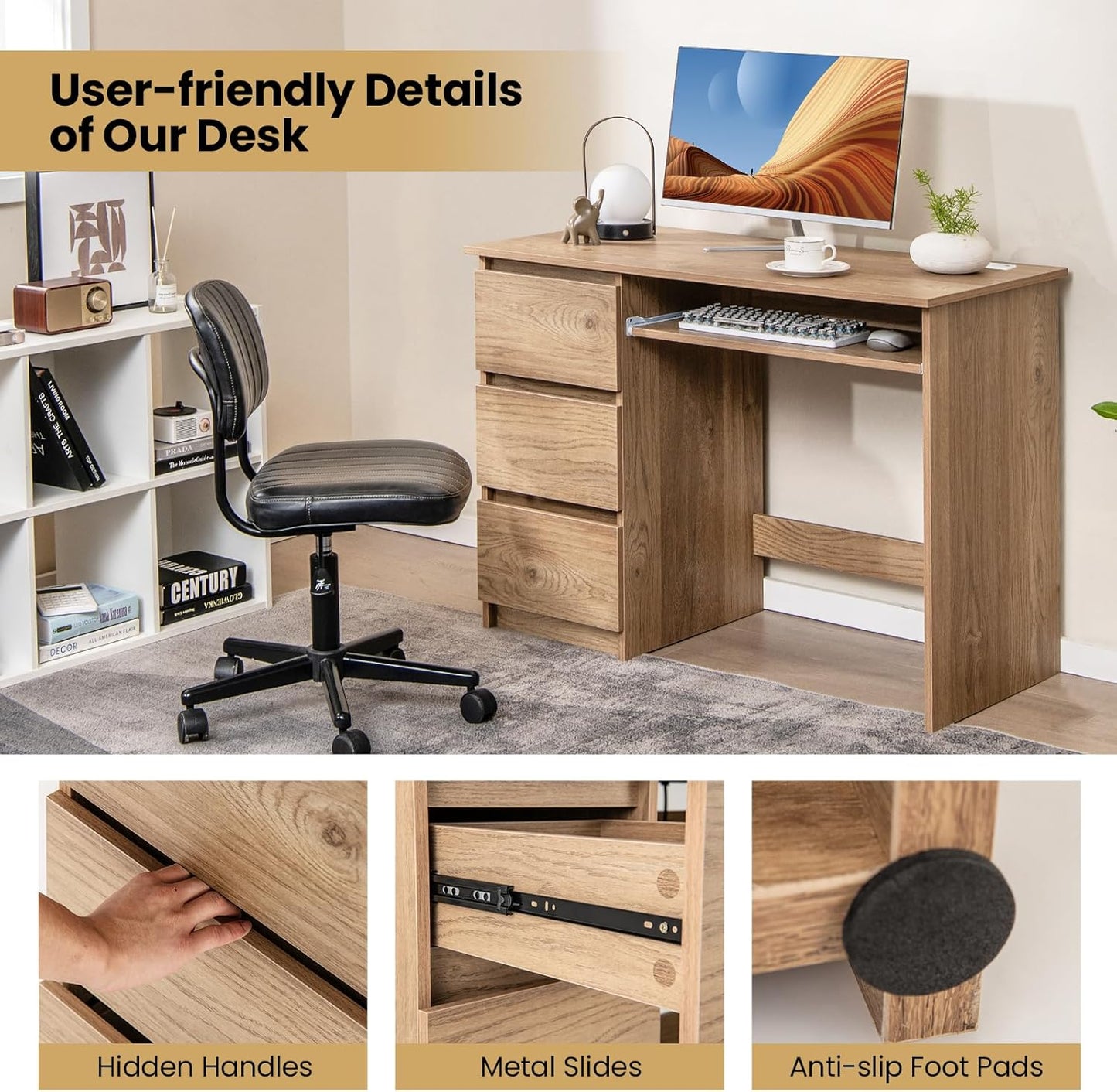 Tangkula Computer Desk with 3 Storage Drawers & Built-in Charging Station, Home Office Desk with Keyboard Tray, PC Desk Study Writing Desk, Vanity Table for Bedroom, Computer Workstation (Natural)