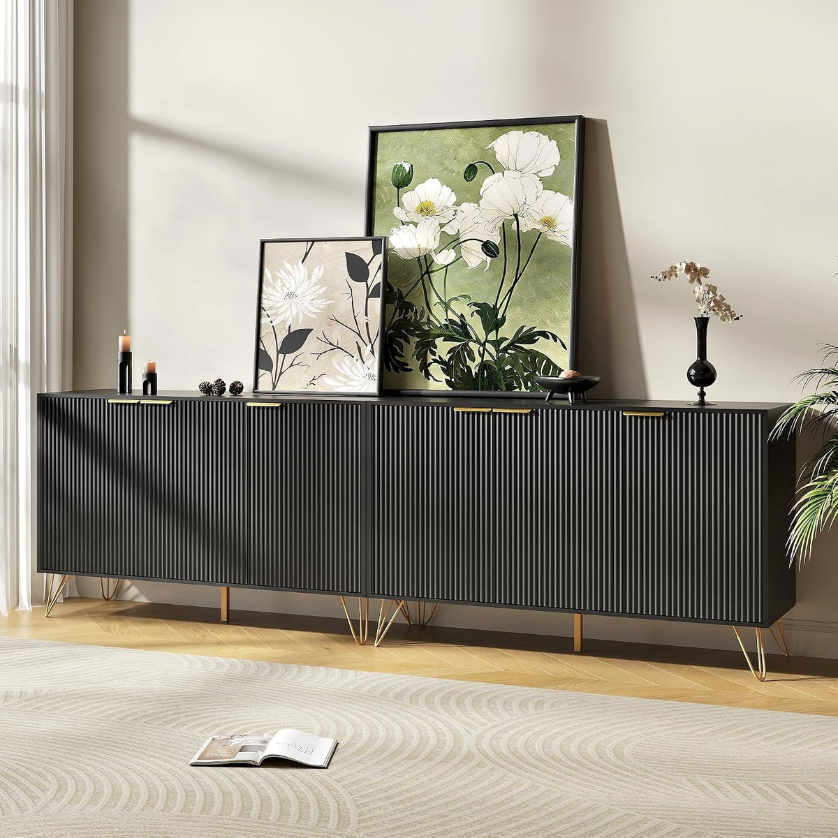 90 inch TV Stand with 6 Fluted Doors and Adjustable Shelves, Black丨Modern Entertainment Center Cabinet, Wood Media Console Storage Cabinets for Living Room Bedroom