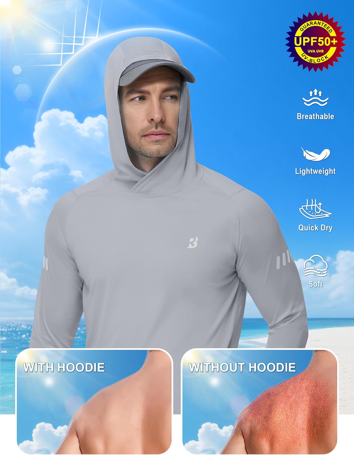 Roadbox Mens UPF 50+ Sun Protection Hoodie, UV Long Sleeve Fishing Shirts, Outdoor Swim Hiking Running Workout Rash Guard