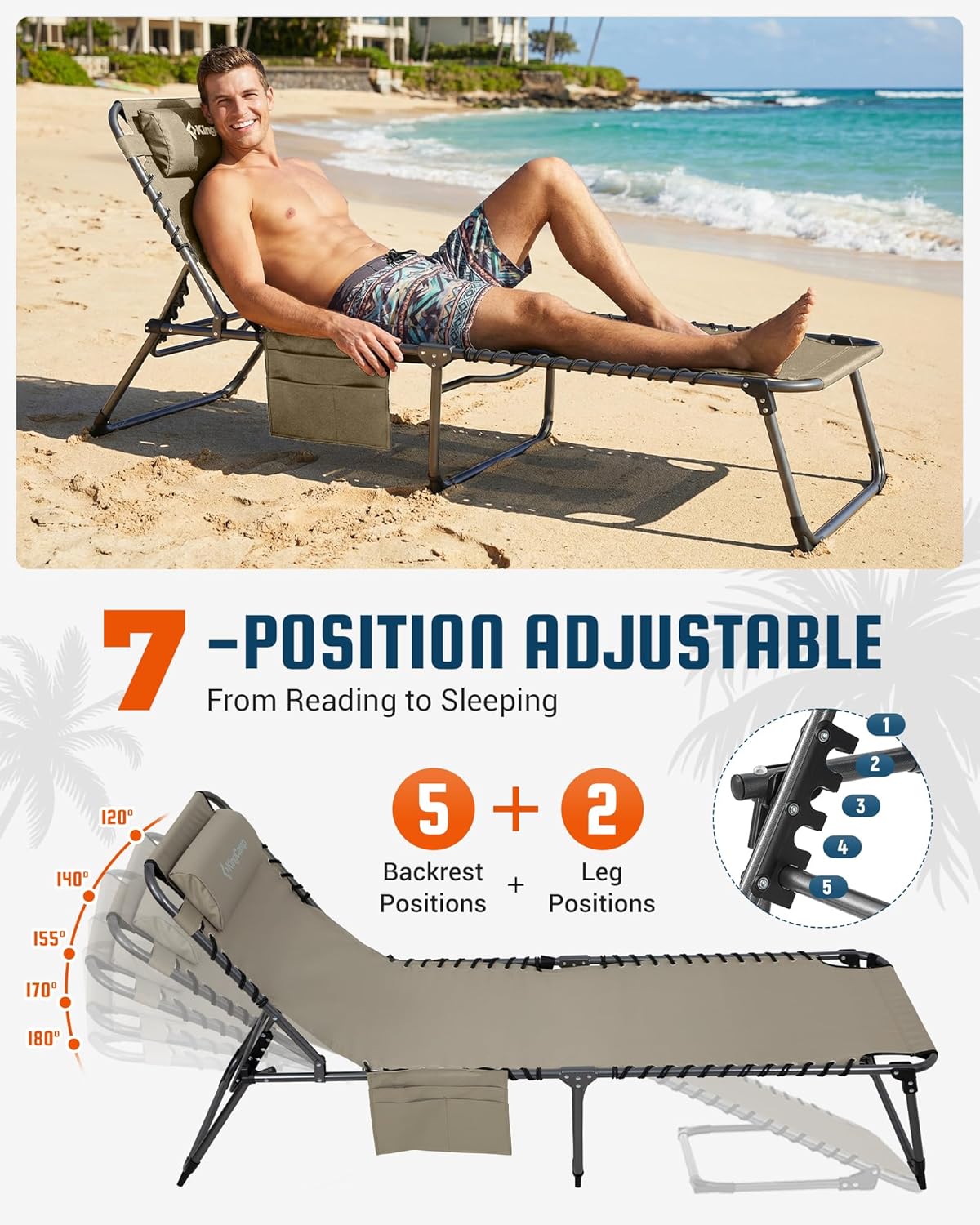 KingCamp Lounge Chair Outdoor,400LBS Tanning Chairs for Outside,Adjustable 5-Position Patio Lounge Chair Sunbathing Chase Lounge Chair Outdoor for Outside Beach Patio Sun Bathing Pool Backyard