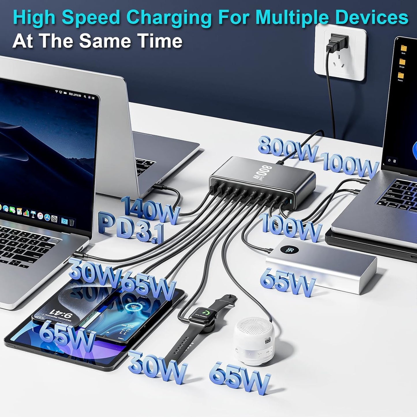 800W USB C Charger Block, Multi-port Fast USB Charging Station Dual PD 140W GaN Ⅲ Charging Station For Multiple Devices, Laptop Charger Adapter Compatible with MacBook, DELL, iPad, iPhone, Samsung etc