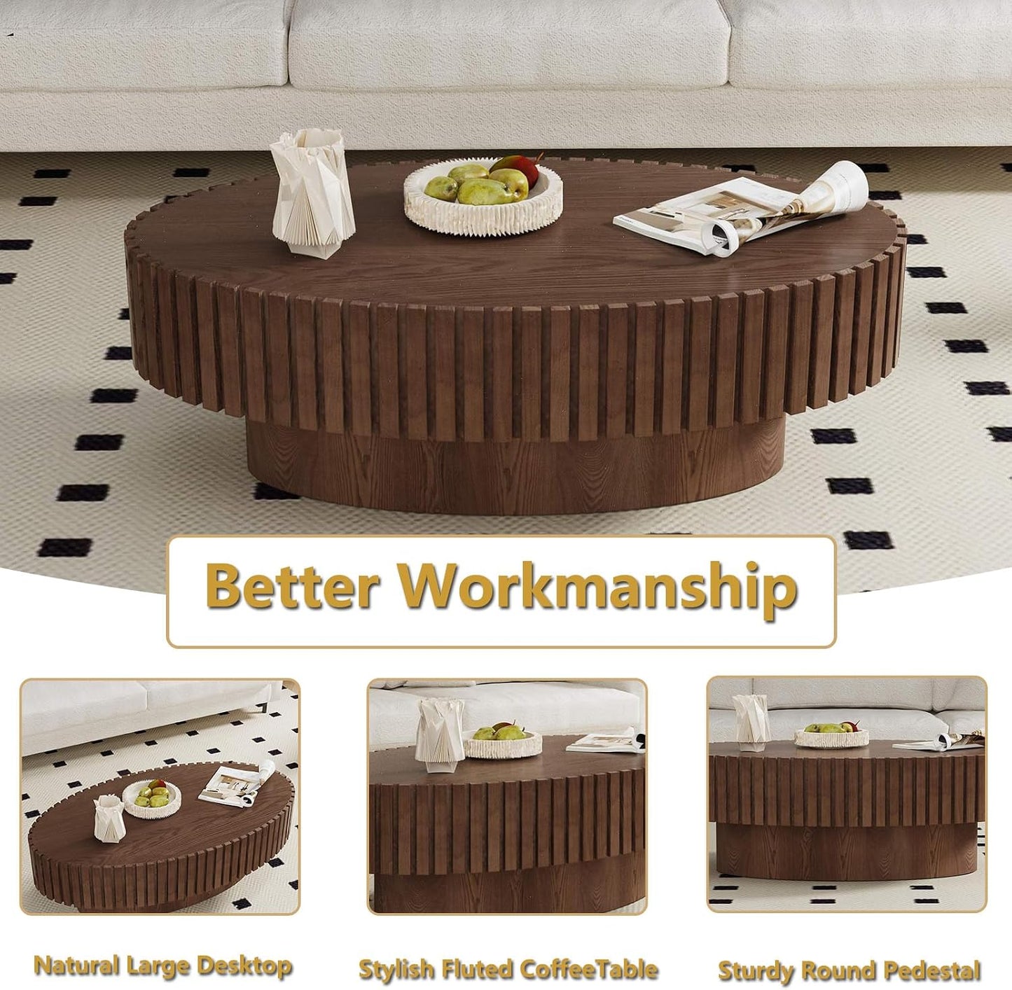 Mid Century Modern Oval Fluted Coffee Table (L) | Handcraft Drum Coffee Table, Sturdy Pedestal, Wood Veneer Top, for Living Room Reception Room Farmhouse