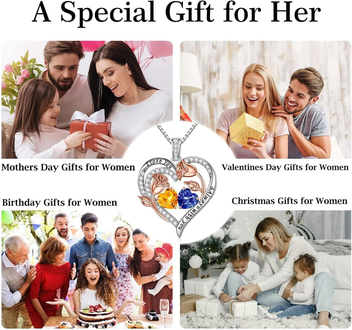 Iefil Birthstone Necklace for Women - Rose Heart Necklace