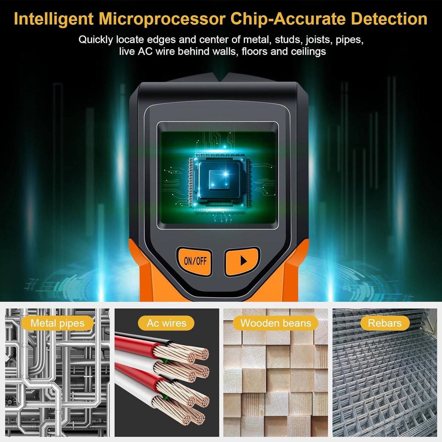 Stud Finder Wall Scanner - 5 in 1 Stud Finder Tool w/Smart Chip and HD LCD Display, Stud Detector Beam Finders for the Center and Edge of Wood AC Wire Metal Studs Joist Pipe (Orange Juice)