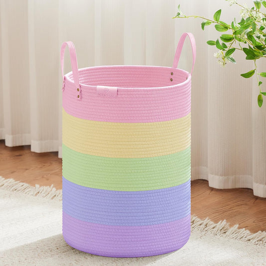 VIPOSCO 58L Tall Woven Rope Laundry Hamper, Leather Handles, Rainbow