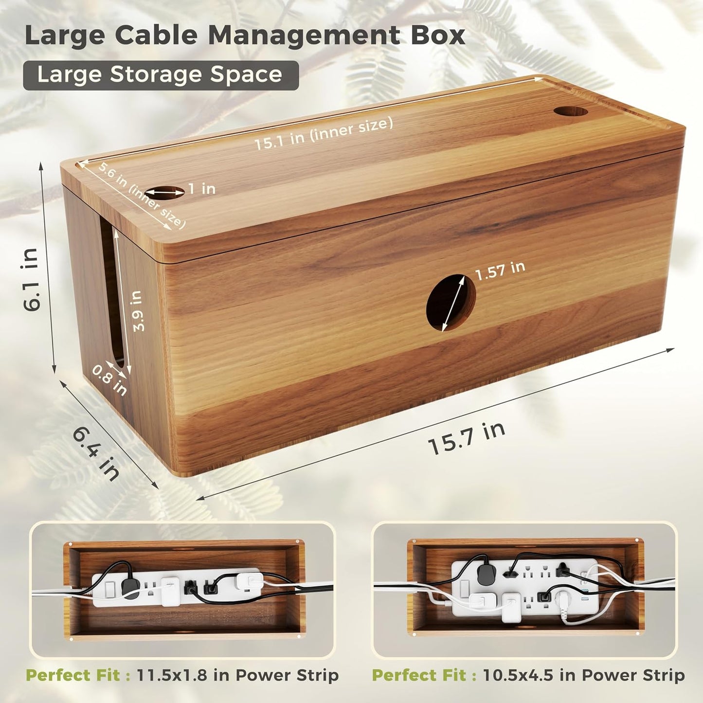 Large Cable Management Box Acacia Wood Cord Organizer Power Strip & Cables | Acacia Wood Cable Hider; Large Electrical Cord Storage; Hide TV Wires & Power Strips; Rustic Style; Home Office & Living Room