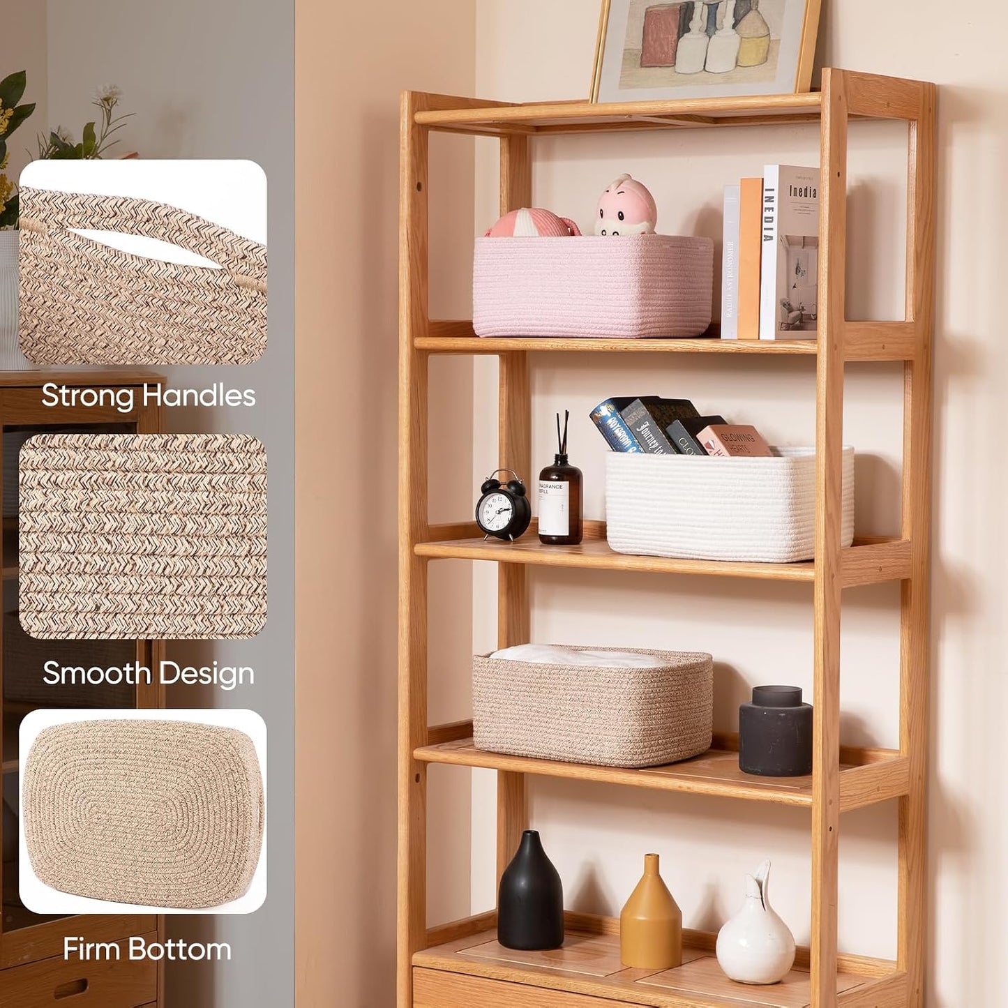 OIAHOMY 4 Pack 14.17 * 11.02 * 6.3IN Storage Baskets for Organizing Shelves, Woven Rope Baskets for Organizing Books, Clothes, Decorative Basket for Living Room, Nursery, Bedroom, Gift Basket, Brown