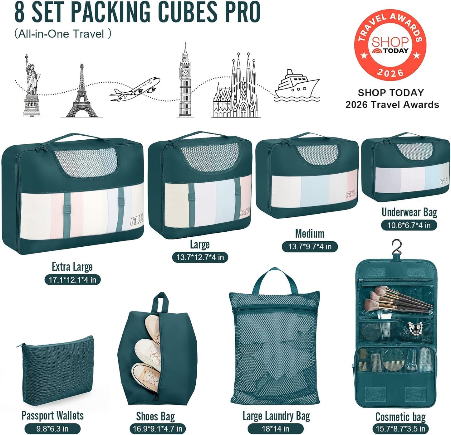 Veken 8 Set Packing Cubes for Travel Essentials,Anti-Wrinkle Buckled Suitcase Organizer for Shoe & Toiletry Bag,Carry On Luggage Bag for Airplane & College Dorm Room Accessories,Women Men Gifts