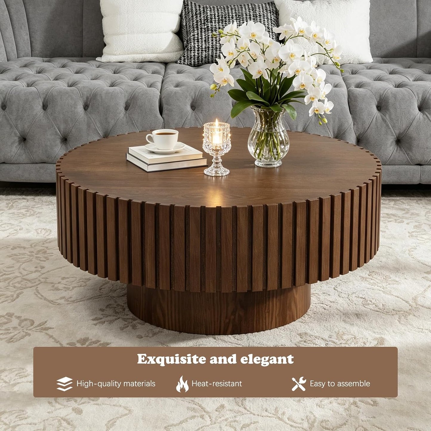 31.5" Modern Round Coffee Table (Round Brown) | Contemporary Circle Fluted Center Table, Solid Wood Relief, Vintage Wooden Accent Table, For Living Room, Small Spaces