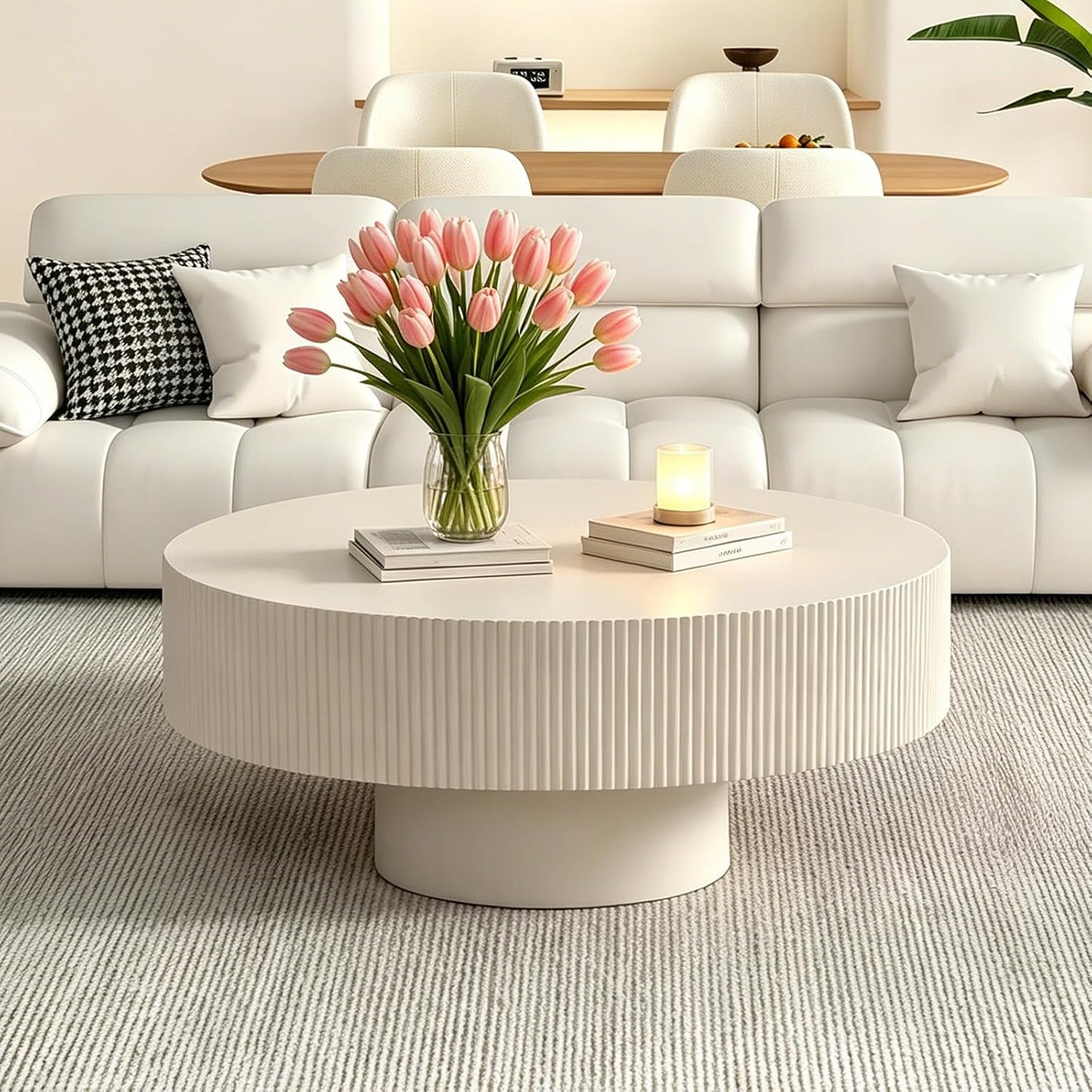 30.91" Round Drum Coffee Table,White Thickened | Modern Handcraft Fluted Accent Table, Sturdy Pedestal Circle, Luxury Center Table, For Living Room Home Office