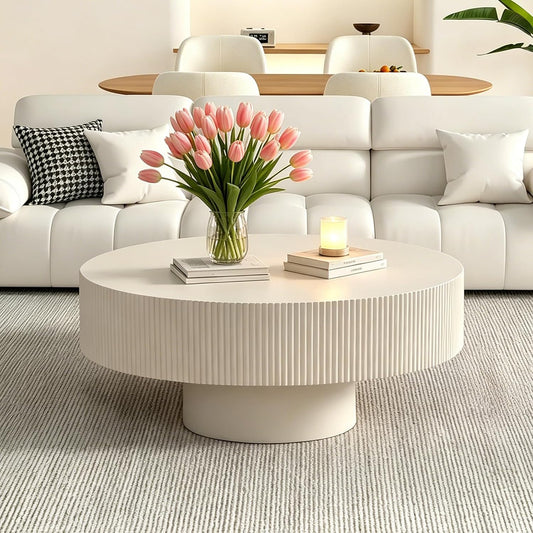 30.91" Round Drum Coffee Table,White Thickened | Modern Handcraft Fluted Accent Table, Sturdy Pedestal Circle, Luxury Center Table, For Living Room Home Office