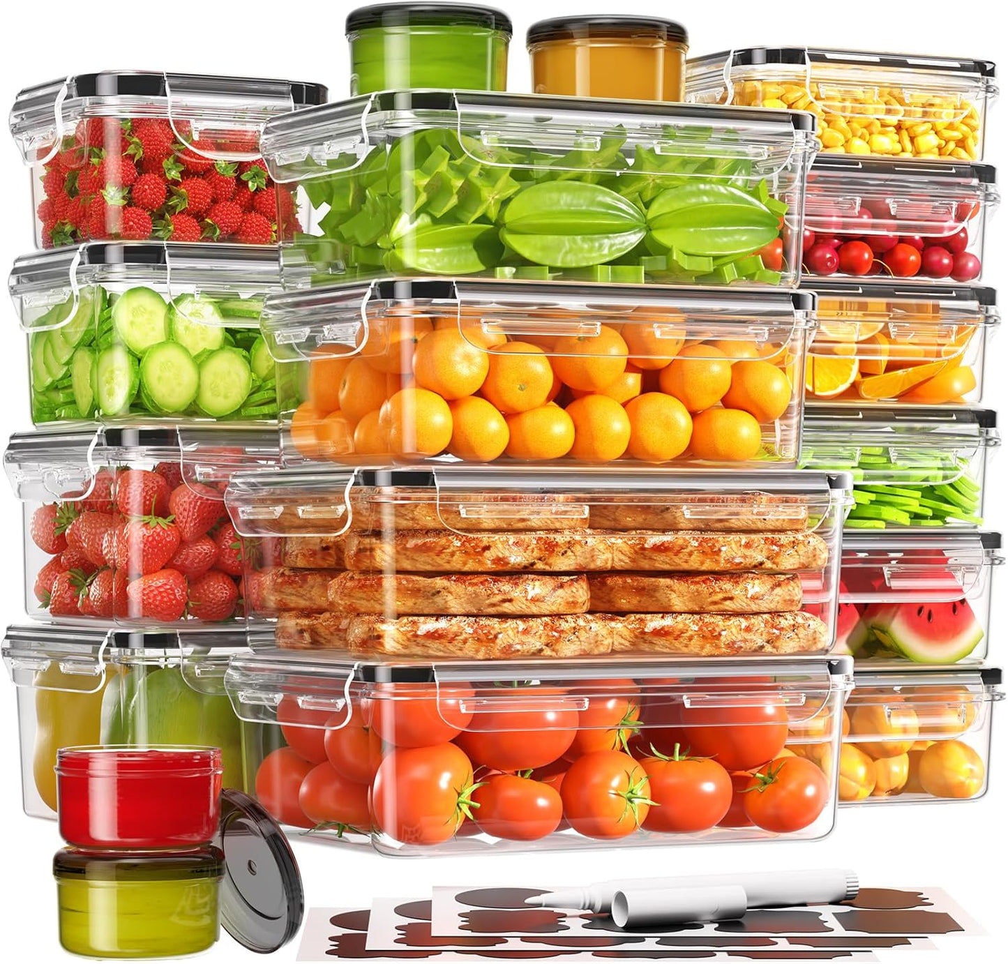 KEMETHY 36-Piece Food Storage Containers with Lids(18 Container & 18 Lid), Plastic Food Containers for Pantry & Kitchen Storage and Organization, BPA-Free, Leak Proof, Reusable with Labels & Pen