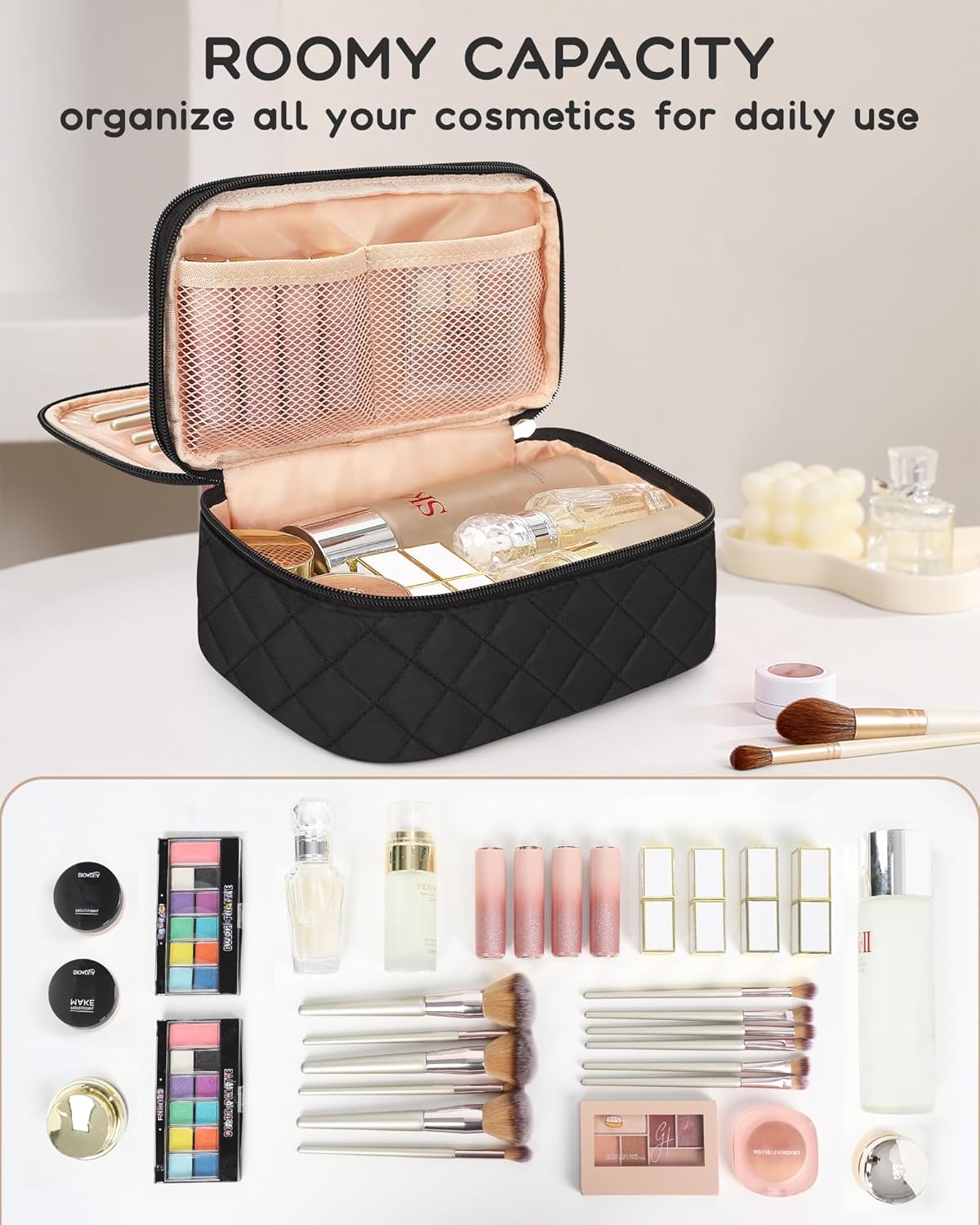 Relavel Small Makeup Bag, Travel Makeup Bag, Cosmetic Bag for Women, 2 Layer Makeup Organizer, Black Make Up Pouch Waterproof, Makeup Brush Holder, Durable Zipper (Black)