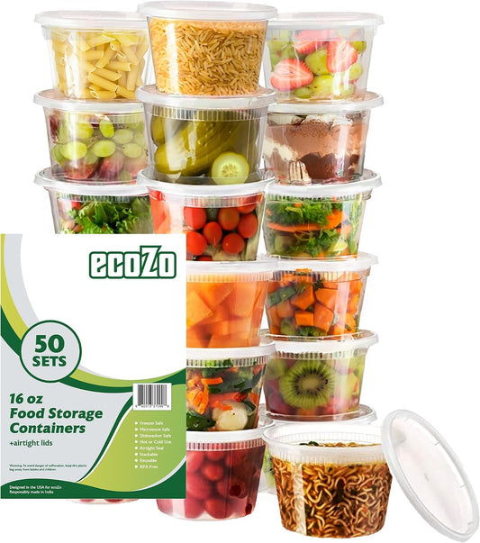 16 oz. Food Storage Containers with Lids [50 Sets] - Soup, Slime, Ice Cream, Freezer Meal Prep Containers | Microwave/Freezer/Dishwasher Safe | BPA Free | Leak-Proof