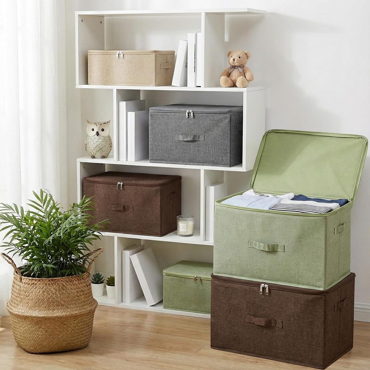 ANMINY Fabric Storage Bins with Zipper Lids, 20"x15"x12", Beige, 3 PCS