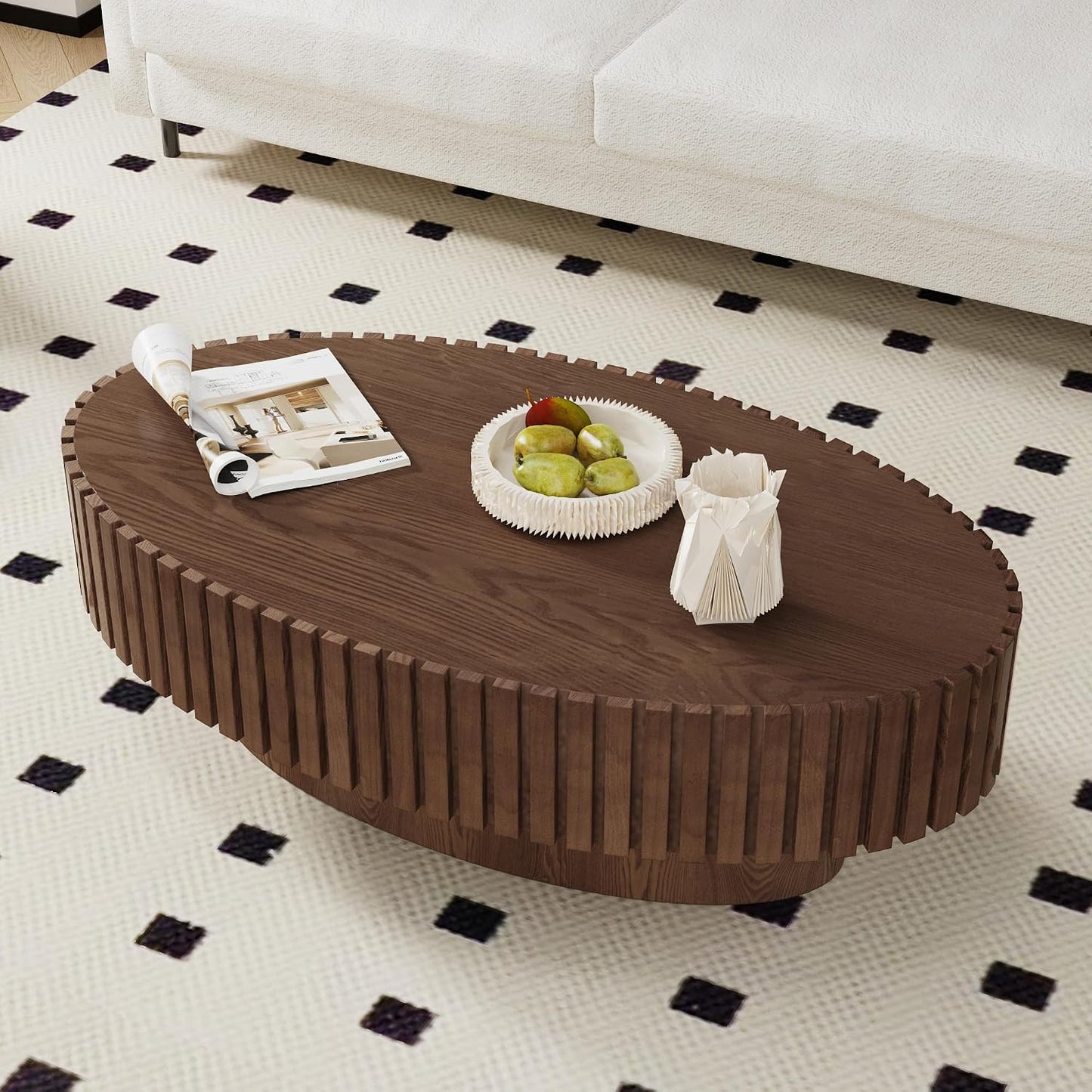 Oval Fluted Coffee Table (Oval Brown 43.3in) | Drum Coffee Tables for Living Room | Modern Pedestal Center Table