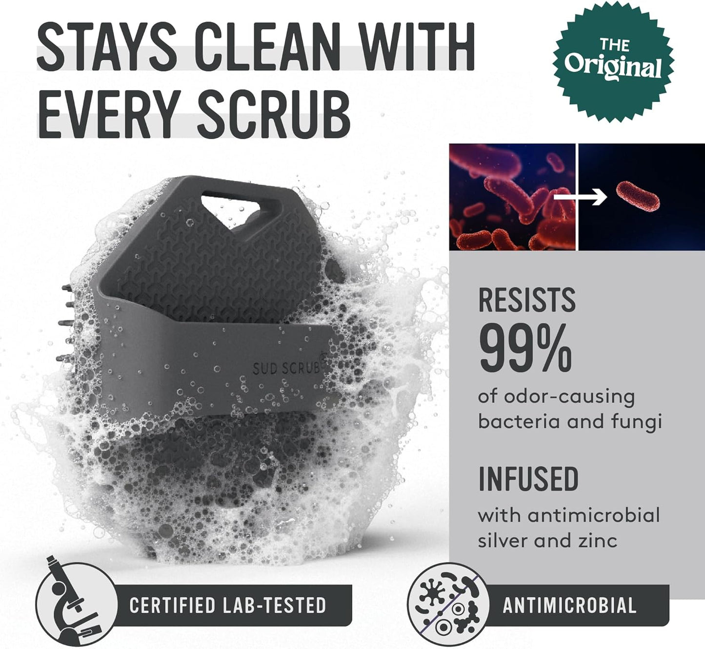 Sud Scrub® Antimicrobial Silicone Body Scrubber, Exfoliating Body Brush for Sensitive Skin, Antibacterial Shower Scrubber for Body, Bathroom Essentials for Men & Women, Charcoal