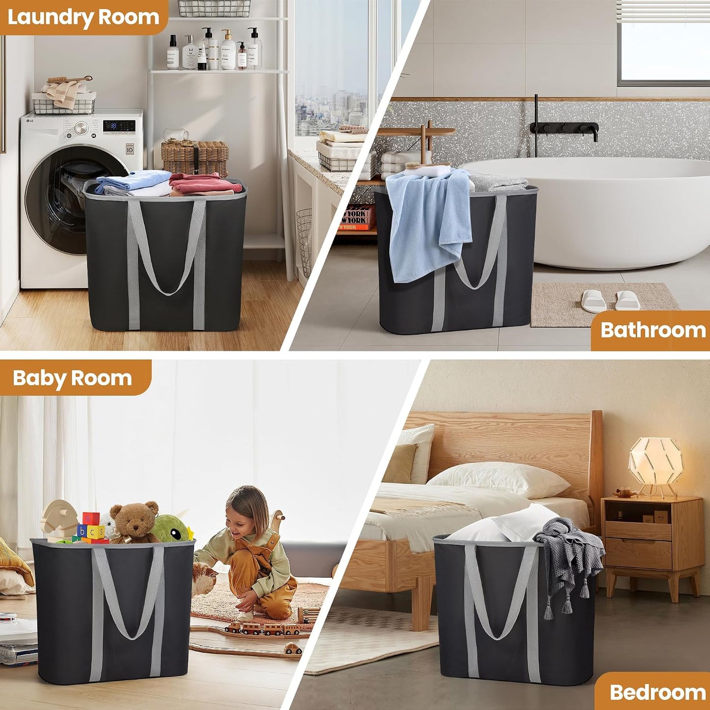 JOMOLA Collapsible Laundry Basket, Large Folding Clothes Hamper Bag, Fabric Laundry Tote Carry All Bin XL Pop Up Baskets with Handles, Waterproof Clothes Storage Basket for Bathroom, Family Black