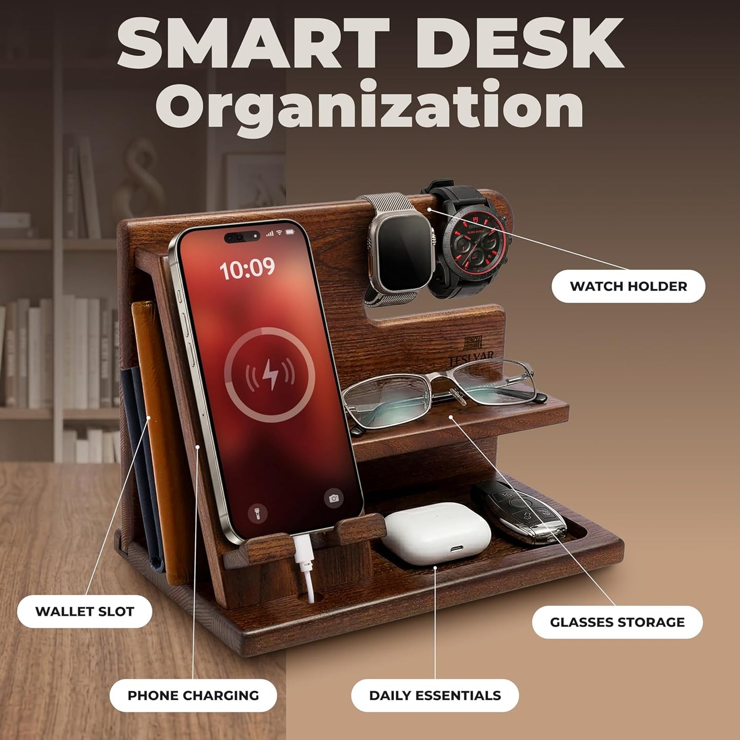 TESLYAR Wood Phone Docking Station for Men - Desktop or Nightstand Organizer - Birthday Gifts for Men, Dad - Anniversary Idea from Wife - Key Holder, Stand Wallet, Watch & Essentials (Bourbon Brown)