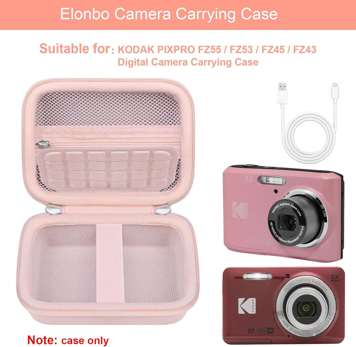 Elonbo Camera Carrying Case for KODAK PIXPRO FZ55 / FZ53 / FZ45 / FZ43 16MP Digital Camera, Vlogging Camera Storage Holder Travel Bag, Mesh Bag Fits Batteries, Cable, Memory Card, Card Reader, Pink