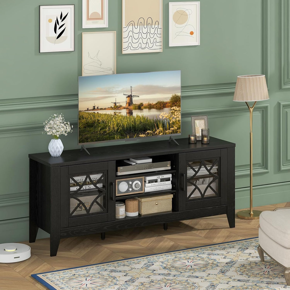 Tangkula Farmhouse TV Stand for TVs Up to 65-in, Classic Media Entertainment Center w/Glass Door Cabinets & 4 Adjustable Shelves, Modern TV Console Table w/ 3 Cable Holes for Living Room (Black)